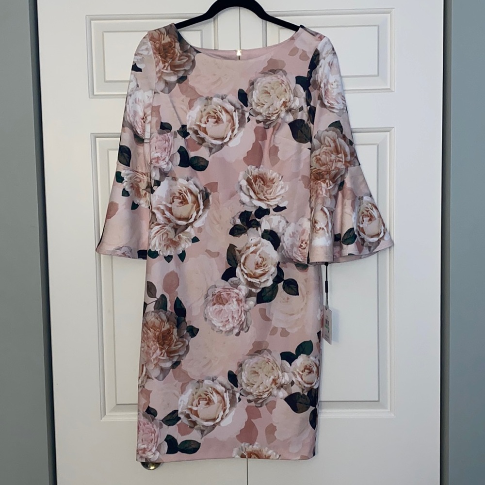 Pink floral wedding dress with bell sleeves nwot